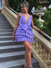 Sexy Purple V-neck Spaghetti Strap A-line Short Mini Dress Homecoming Dress